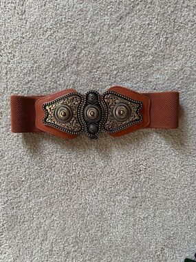 Women’s Rust Elastic Waist Belt with Ornate Gold-Tone Buckle